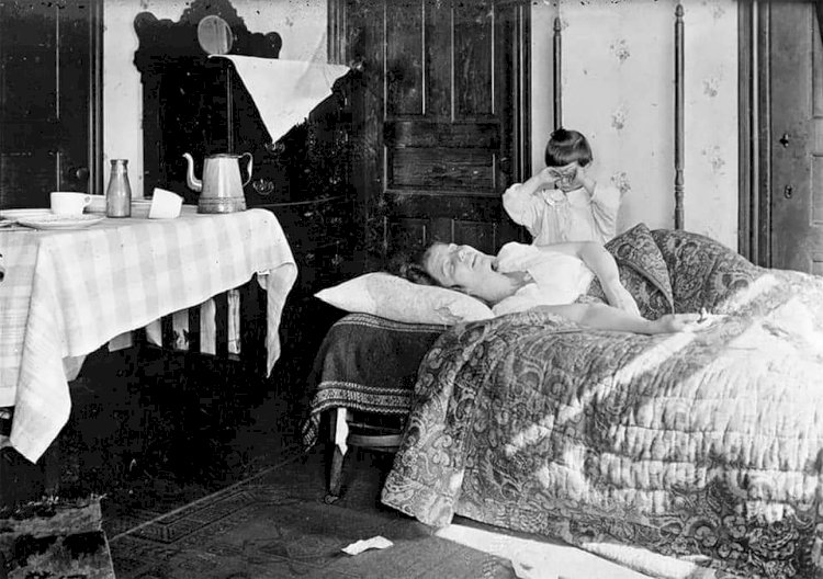 The picture of a mother battling with deadly virus influenza epidemic
