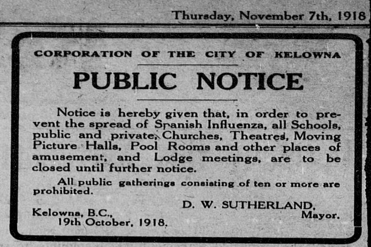 The public notice issued by the City of Kelowna during spread of the Spanish flu 1918